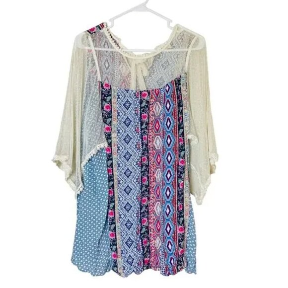 Umgee Tunic Blouse M Boho 3/4 Open Split Sleeve Lace Bow Tie Back Multicolor - Picture 2 of 5